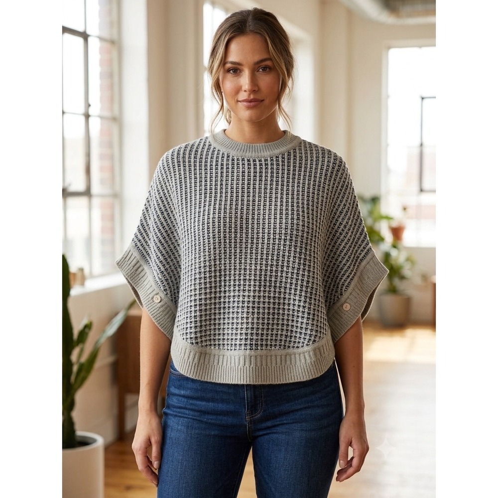 Madison 88 Womens Knit Poncho Sweater Beige Navy Blue Crew Neck One Size